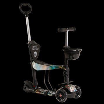 Трехколесный самокат со светящимися колесами и родительской ручкой 5 в 1 Best Scooter Черный с белым Вид 3 26145 фото