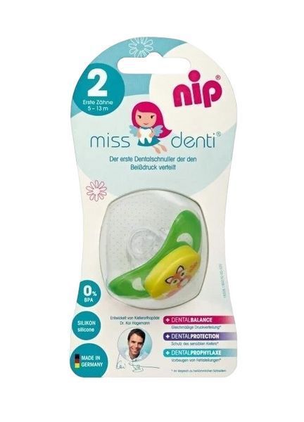 Пустушка силіконова NIP Miss Denti №2 5-13 місяців Зелений 28813 фото