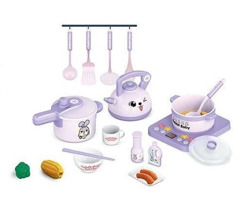 Игровой набор детской посуды с интерактивной плитой и чайником Baby Rabbit Kitchen Toys 18 предметов 31357 фото