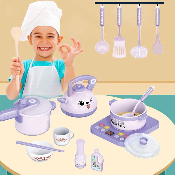 Игровой набор детской посуды с интерактивной плитой и чайником Baby Rabbit Kitchen Toys 18 предметов 31357 фото