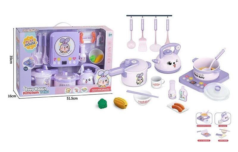 Игровой набор детской посуды с интерактивной плитой и чайником Baby Rabbit Kitchen Toys 18 предметов 31357 фото