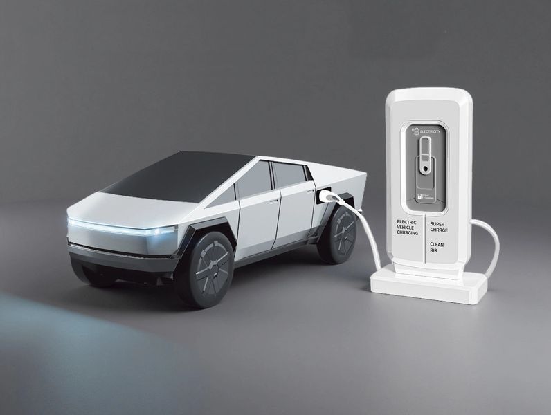Полноприводная машинка на радиоуправлении с подсветкой и зарядной станцией Tesla Cybertruck Тесла Кибертрак Серый 44224 фото