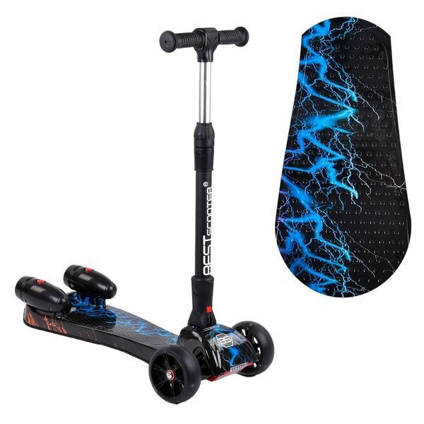Трехколесный самокат со светящимися колесами и турбинами с дымом Best Scooter Черный с голубым 25913 фото