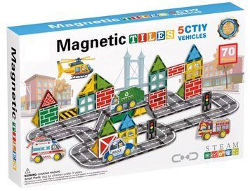 Дитячий магнітний конструктор із машинками Рятувальна техніка Magnetic Tiles 70 деталей 42147 фото