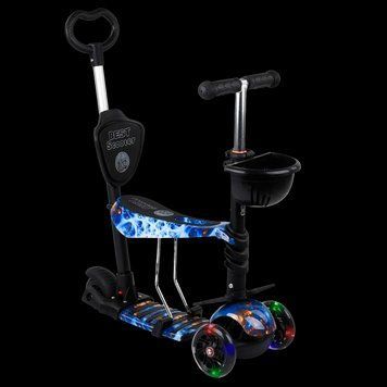 Трехколесный самокат со светящимися колесами и родительской ручкой 5 в 1 Best Scooter Черный с синим Вид 2 25909 фото