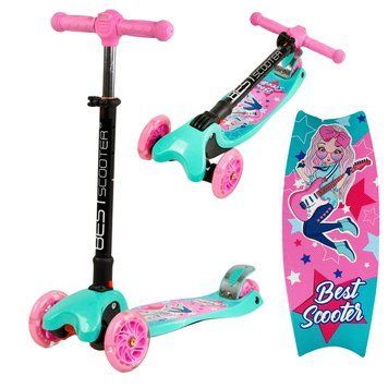 Детский трёхколесный складной самокат Best Scooter Maxi для девочки Бирюзовый с розовым 22206 фото