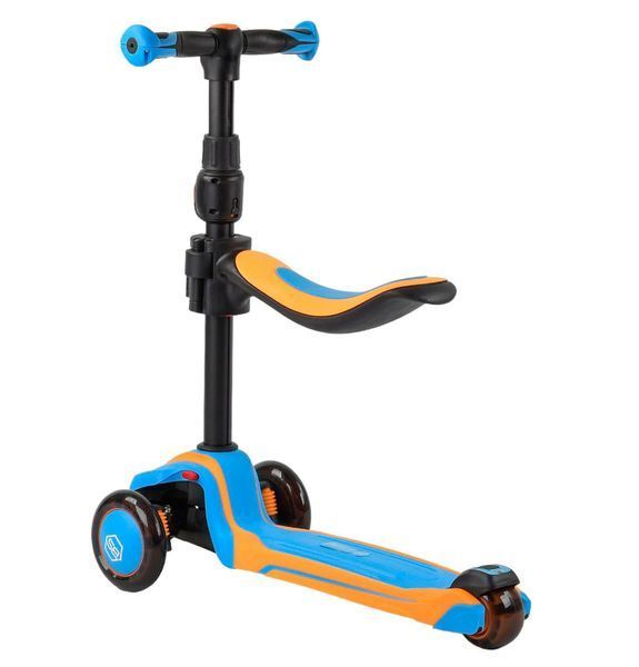 Самокат трехколесный с сиденьем и светящимися колесами Best Scooter Синий с оранжевым 25956 фото