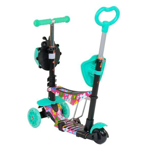 Трехколесный самокат со светящимися колесами и родительской ручкой 5 в 1 Best Scooter Бирюзовый с розовым 25876 фото