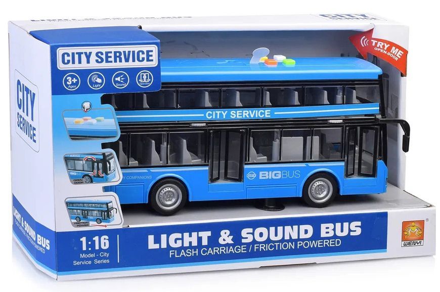 Детская инерционная игрушка Автобус с подсветкой и звуковыми эффектами City Service Синий 44140 фото