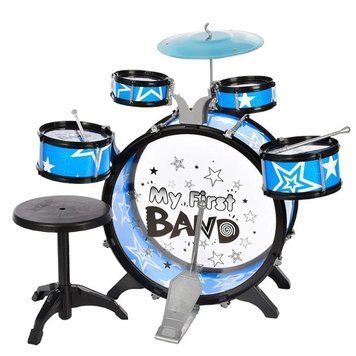 Дитяча барабанна установка зі стільчиком 5 Барабанів Тарілка Jazz Drum Синій 41776 фото