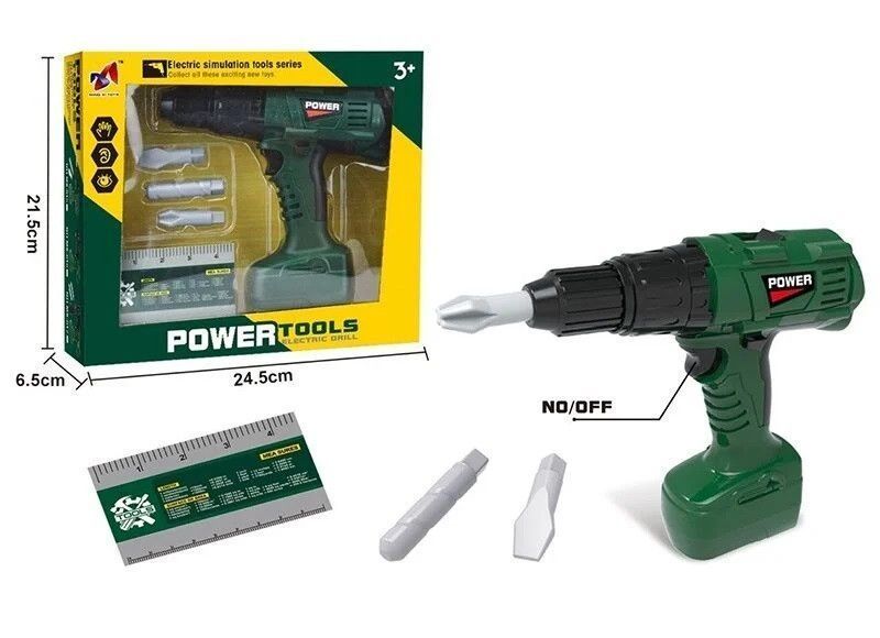 Игрушечная дрель Power Tools с 3 насадками Зеленый 38021 фото